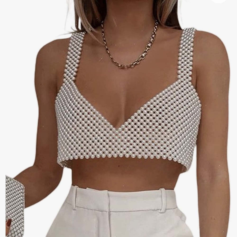 Women's Sexy Pearls Beaded Crop Top Bridal or Bachelorette